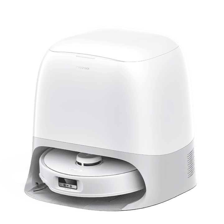 Roborock Qrevo Curv robot vacuum and docking station — official product photo
